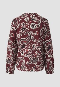 Burgunderfarbene Bluse mit langen Ärmeln und einem weißen, schwarzen und roten floralen Paisleymuster, mit elastischen Bündchen und Rundhalsausschnitt. Strukturierter Stoff.