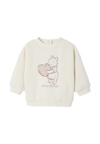 Cremfarbener Sweatshirt für Kleinkinder mit Winnie Pooh, der ein großes Herz hält, und dem Text "Winnie The Pooh" darunter.