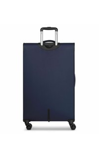 Valigia blu navy con un esterno in tessuto liscio, manico in alluminio telescopico, quattro ruote nere e una maniglia laterale.