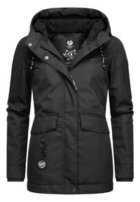Veste noire pour femmes, dotée d'une capuche, de deux poches avant et d'une fermeture éclair avec tirant décoratif. Fermeture à pression à l'ourlet et doublure texturée.
