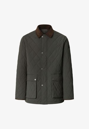 Chaqueta acolchada en verde oscuro con cuello de pana. Cuenta con dos bolsillos frontales con cierre a presión, corte recto y tejido resistente.