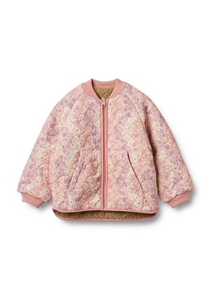 Quilted Bomberjacke in sanftem Rosa, mit floralen Mustern, gerippten Bündchen und Reißverschluss vorne. Gefüttert mit beigem, samtigem Innenfutter.