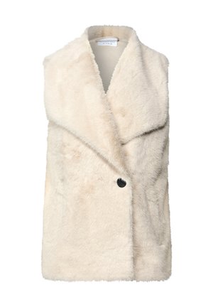 Gilet in finta pelliccia color crema con un ampio colletto, chiusura con un singolo bottone nero e superficie morbida e texturizzata. Senza maniche; progettato per essere indossato a strati.