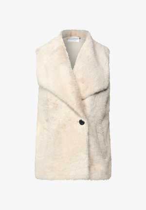 Faux kožešinová vesta v krémové barvě se širokým límcem, jednobuttonovým zapínáním a měkkým, texturovaným povrchem. Bez rukávů; určena k vrstvení.