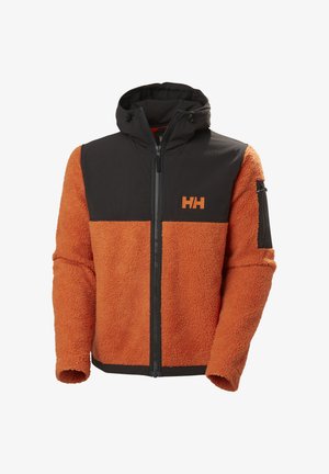 Oranje fleece jas met een zwarte nylon capuchon en bovenpaneel, voorzien van een frontzipper en zijzakken met een reliëflogo op de borst.