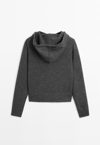 Gray cropped hoodie made from a soft, knit material with a hood, ribbed hem, and cuffs. Back view shows seam details and fabric texture.