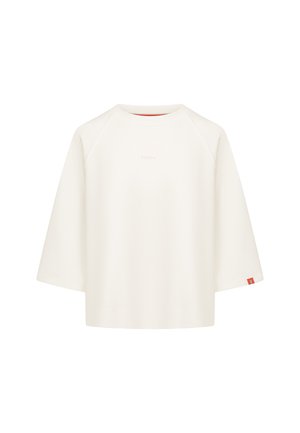 Witte katoenen sweatshirt met een brede, ronde halslijn en raglanmouwen. Gekenmerkt door een subtiele "FRIEDA" logo in lichte kleur en een rood accentlabel.