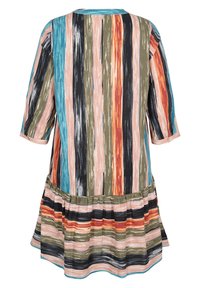 Robe à manches longues avec des rayures multicolores verticales et horizontales en bleu sarcelle, noir, orange, olive et rose, dotée d'un ourlet à volants.