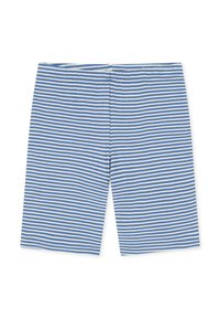 Modré a bílé pruhované plavkové šortky s elastickým pasem. Hladký bavlněný materiál; délka do prostředka stehna. Žádné další zdobení.