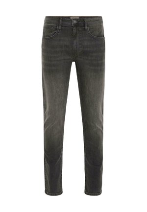 Dark gray denim jeans with a faded finish, five-pocket design, and a button closure. Slightly tapered leg with visible stitching details.