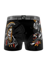 Boxer-briefs noirs avec des motifs graphiques mettant en scène une figure de crâne et un tigre, rehaussés d'éléments floraux rouges et oranges, et d'une ceinture grise.