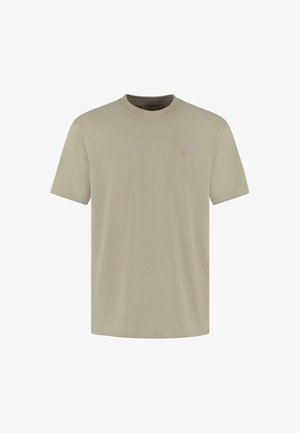 Camiseta de algodón beige, con escote redondo, mangas cortas, logo sutil en el pecho, corte relajado, textura suave y costuras uniformes.