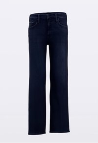 Temno modre kavbojke iz jeansa z ravnim krojem hlačnic. Imajo pet žepov, zanke za pas in zadrgo z gumbnim zapiranjem. Gladek tekstura.