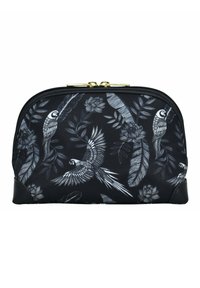 Schwarze Tasche mit einem Blumen- und Vogelmotiv in Weiß und Grau, mit einer glatten Stoffoberfläche und einem Reißverschluss aus goldfarbenem Metall.