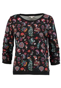 Sudadera negra de manga larga con un colorido estampado floral y de pavo real, con puños y dobladillo acanalados para un ajuste cómodo.