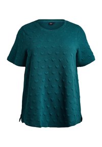 Tyrkysové tričko s krátkými rukávy z texturované tkaniny s vystouplými vzory srdcí a bočními štěrbinami pro pohodlný střih. Kulatý výstřih, ležérní design.