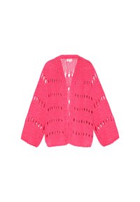 Cardigan chunky di un brillante colore rosa con un motivo a rete aperta, maniche lunghe e senza bottoni o chiusure visibili.