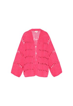 Helles rosa, grob gestricktes Cardigan mit offenem Muster, langen Ärmeln und ohne sichtbare Knöpfe oder Verschlüsse.