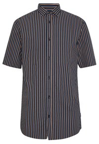 Camicia a maniche corte con bottoni in blu navy scuro con sottili righe verticali arancioni. Presenta un colletto classico e un tessuto di cotone strutturato.