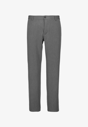 Grau maßgeschneiderte Hosen mit glatter Textur, geradem Bein-Design, Knopfverschluss und diagonalen frontalen Taschen.