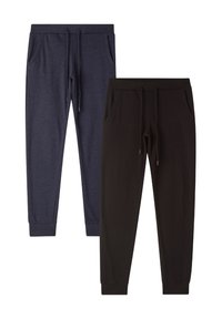 Due paia di pantaloni jogger: uno in blu scuro e uno in nero, con vita elastica, lacci di regolazione e tasche laterali. Texture del tessuto liscia.