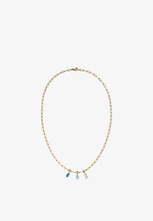 Collier chaîne en or avec trois pendentifs décoratifs : deux pierres bleues et une pierre claire, présentant un design délicat à maillons et un fermoir sécurisé.