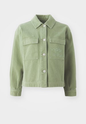 Green denim jacket with a collared neck, two chest pockets, silver buttons, and an embroidered detail on the left pocket.