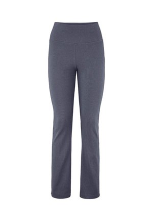 Graue, gerippte Hose mit hohem Bund, mit geradem Beinschnitt, aus einem dehnbaren Stoff für Komfort und Flexibilität.