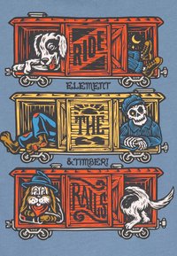 La grafica presenta tre vagoni di treno in stile cartone animato, ognuno con un personaggio unico: un cane, uno scheletro e un cane sorridente, in colori vivaci su sfondo blu.