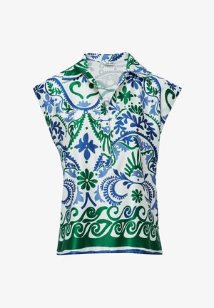 Blusa de manga corta en tela blanca, con un vibrante patrón floral en azul y verde. Incluye un cuello y una tapeta de botones funcional.