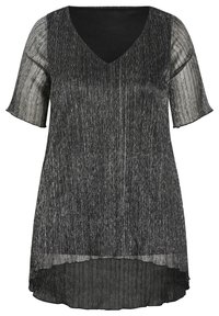 Tunic nera con maniche corte e trasparenti; presenta un collo a V e dettagli testurizzati verticali. Il materiale ha una leggera lucentezza e una silhouette fluida.