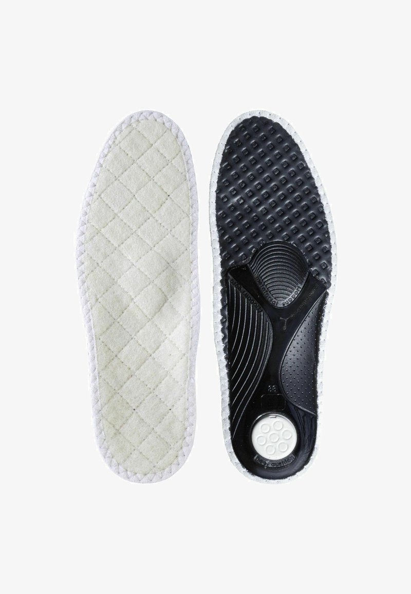Deux semelles de chaussures côte à côte, l'une avec un dessus en tissu matelassé blanc, l'autre avec une semelle texturée noire et un coussin de talon circulaire blanc.