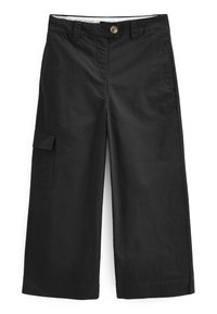 Pantalons cargo noirs en coton, dotés d'une fermeture à bouton à l'avant, d'une poche cargo sur le côté, de jambes larges et d'une texture lisse.