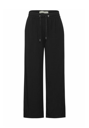 Schwarze Hose mit weitem Bein, elastischem Bund und verstellbarem Kordelzug, entworfen für eine bequeme Passform.