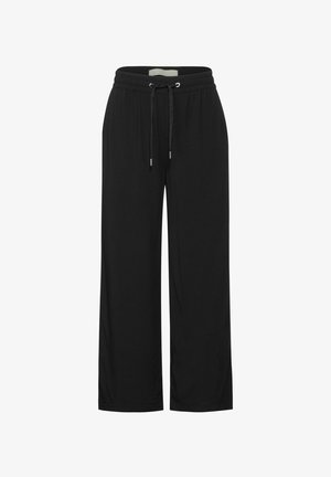 Schwarze Hose mit weitem Bein, elastischem Bund und verstellbarem Kordelzug, entworfen für eine bequeme Passform.