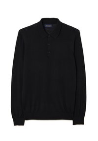 Polo nera a maniche lunghe realizzata in tessuto morbido, con colletto classico, patta con tre bottoni e polsini aderenti.