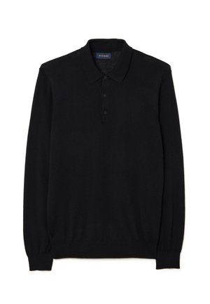 Schwarzes langärmeliges Poloshirt aus einem weichen Stoff, mit klassischem Kragen, dreiknöpfiger Knopfleiste und enganliegenden Bündchen.