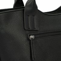 Borsa a mano in pelle nera con texture, caratterizzata da un design strutturato, doppie maniglie superiori e una tasca con zip sul davanti per il deposito.