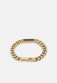 Goldkette-Armband mit glatten Gliedern, einer rechteckigen schwarzen Akzentuierung und einem sicheren Verschluss, alles mit einer polierten Oberfläche.