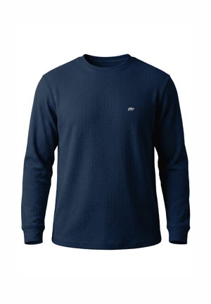 Marineblaues Langarm-Waffelstrickshirt mit Rundhalsausschnitt und kleinem weißem Bärenlogo auf der linken Brust.