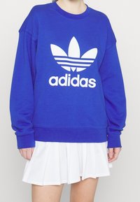 Person som bär en blå Adidas sweatshirt med vitt logo och text, i kombination med en vit plisserad kjol, står framför en enkel bakgrund.