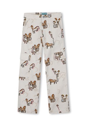 Beige cargo pants with a playful horse print in various colors, featuring two side pockets and a button closure at the waistband.