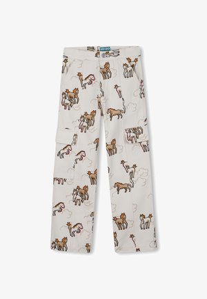 Pantalon cargo beige avec un imprimé ludique de chevaux en plusieurs couleurs, doté de deux poches latérales et d'une fermeture par bouton à la taille.
