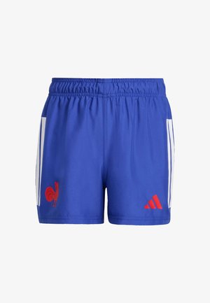 Blå atletshorts med vita ränder på sidorna, röd tupp-logotyp på vänster ben och röd Adidas-logotyp på höger ben, elastisk midjeresår.
