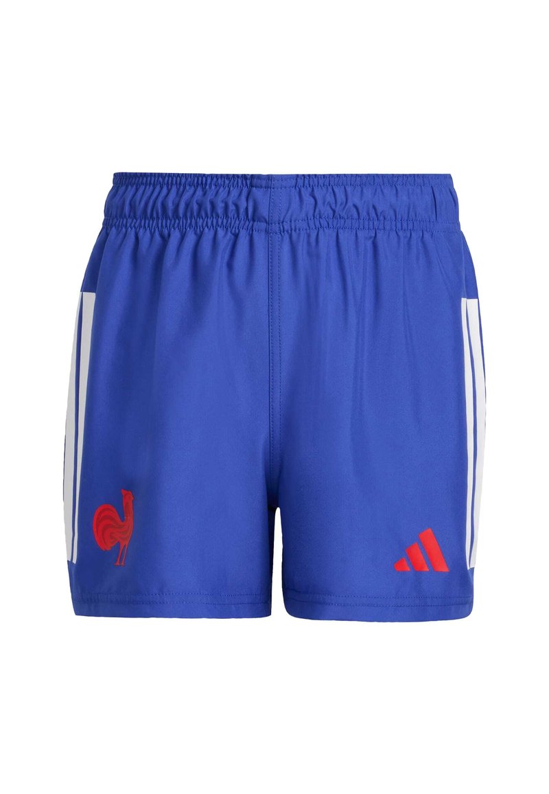 Modré atletické šortky s bílými pruhy na bocích, červeným logem kohouta na levé noze a červeným logem Adidas na pravé noze, s elastickým pasem.