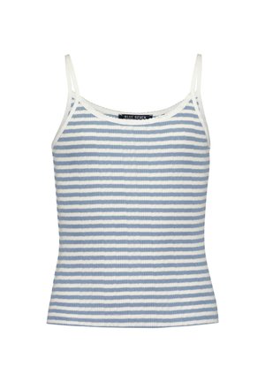 Débardeur rayé en bleu clair et blanc, avec des bretelles fines et une texture côtelée, présentant un col arrondi. Marque : Blue Seven.