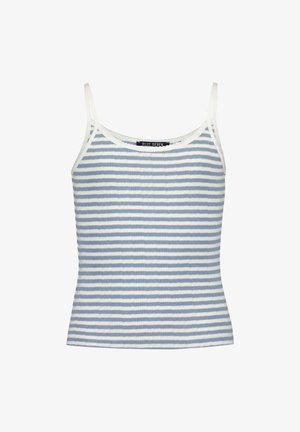 Gestreepte tanktop in lichtblauw en wit, met dunne bandjes en een ribbelstructuur met een ronde halslijn. Merkenlabel: Blue Seven.
