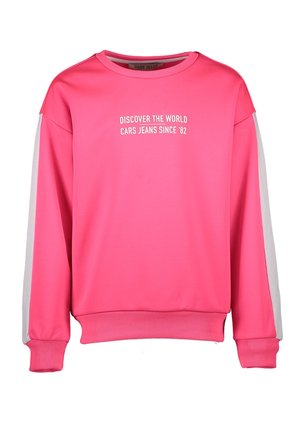 Roze sweatshirt met witte zijpanelen. Voorzien van ribgebreide boorden en zoom, ronde hals en voorop de tekst: "ONTDEK DE WERELD CARS JEANS SINCE '82".