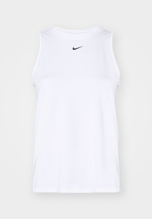 Bijela bezrukavna atletska majica od glatkog materijala, s crnim Nike logotipom na prsima, sa bočnim prorezima za lakše kretanje.