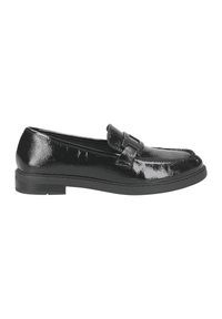 Zwarte gepatenteerde leren loafers met een ronde neus, een decoratieve band en een lage, platte rubberen zool. Glanzende afwerking en soepele textuur.